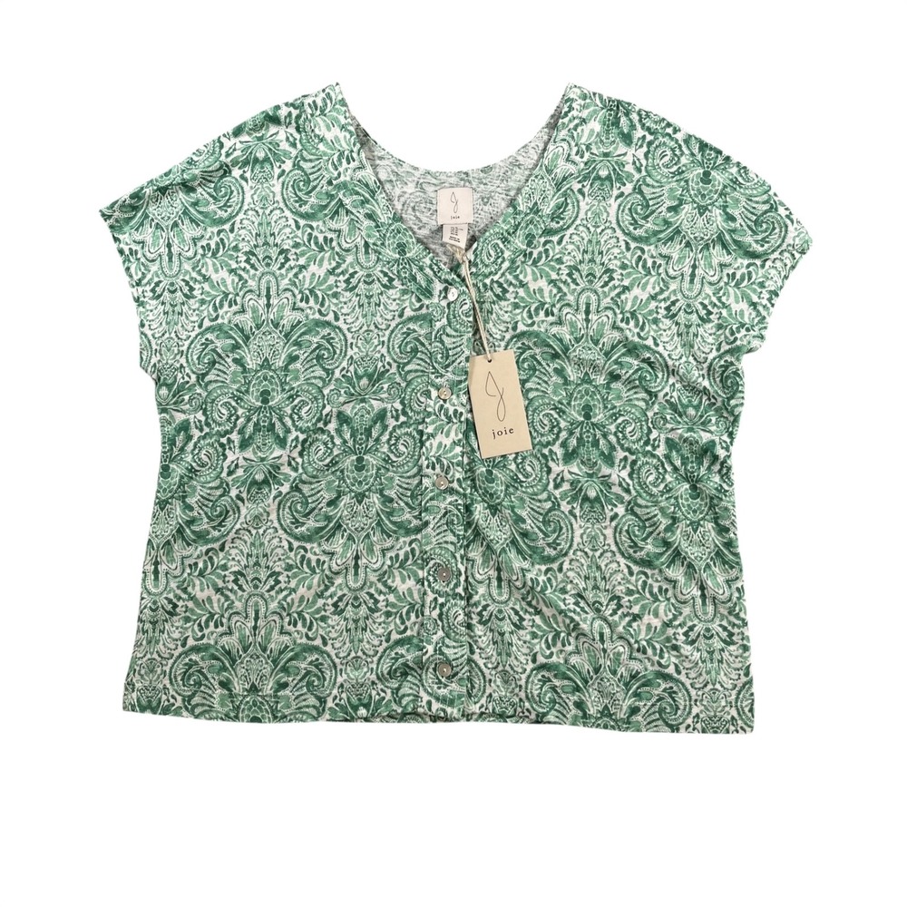 Joie Womens XL Green White Paisley Linen Lyocell V-Neck Button Front Top NWT